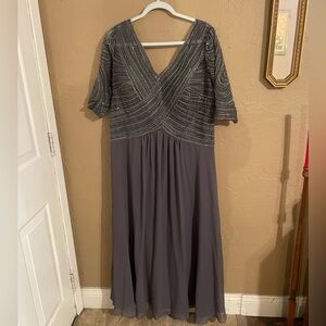 MGNY By Mori Lee - 72028SC Beaded V-Neck A-Line Evening Dress Slate Plus Size 18